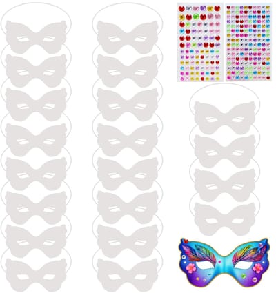 Papieren feestmaskers 20 stuks - wit - met waterdiamantstickers - perfect voor feestdecoratie - ShopVlot