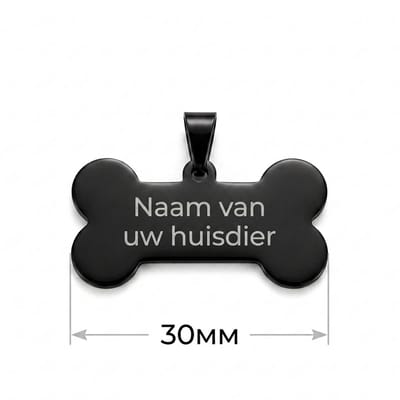 Gepersonaliseerde RVS Hondenpenning / Naamplaatje voor Huisdier – Zwarte Botvormige Dierenpenning 30 mm met Naam, Telefoonnummer en Adres – Dubbelzijdige Gravure – Roestvrij Staal