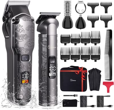 Hatteker Professionele Tondeuse en 4-in-1 Trimmer Set voor Heren – Haartrimmer, Baardtrimmer, Precisie Trimmer & Neustrimmer – Inclusief Kapperscape – IPX7 Waterdicht – USB Oplaadbaar – Draadloos T-Blade – Grijze
