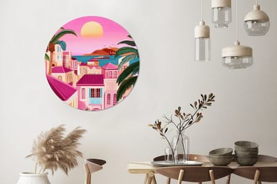 WallCircle - Wandcirkel - Muurcirkel - Stad - Roze - Palmbomen - Aluminium - Dibond - 90x90 cm - Binnen en Buiten