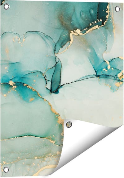 Gards Tuinposter Abstracte Kunst - Blauwe Marmer met Goud - 40x50 cm - Tuindoek - Tuindecoratie - Wanddecoratie buiten - Tuinschilderij