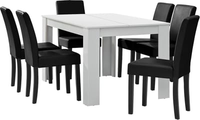 Eetkamerset Nora eethoek 7-delig tafel en stoelen wit en zwart