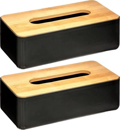 Zakdoekhouders/tissueboxen - 2x stuks - 26 x 13 cm - zwart - bamboe deksel - kunststof
