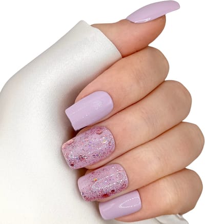 SD Press on Nails - B-229 - Plaknagels - Nagelset 20 Nagels - Nude Paarsroze met glitter - Gellak - Nagellak - Medium Recht Nageltips - Nepnagels met Lijm - Kunstnagels - Nail Art - Handmade - Valse nagels - Nagelvijl - Accessoires