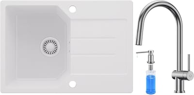 Anycee MAX Granieten Spoelbak 65x45CM - Spoelbakken Keuken Wit - Wasbak Keuken Met Keuken Kraan en Zeepdispenser - Spoelbak Met Planchet en Afdruiprek - Spoelbakken Incl. Sifon en Afvoerzeefje