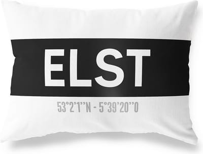 Tuinkussen ELST - GELDERLAND met coördinaten - Buitenkussen - Bootkussen - Weerbestendig - Jouw Plaats - Studio216 - Modern - Zwart-Wit - 50x30cm