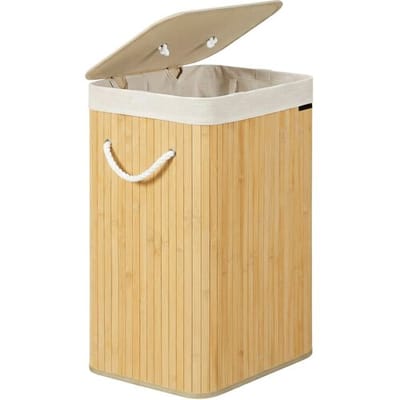 Ochama wasmand met deksel, inklapbare bamboe wasmand met uitneembare voeringzak en stevig houten frame, grote capaciteit van 72 L, ruimtebesparend