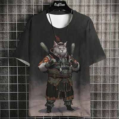 Streetwear 3d Print Samurai Kat T-shirt Voor Mannen Zomer Trendy Japanse Korte Mouw T-shirts Oversized Casual Sweatshirt Herenkleding Tops 4XL gray