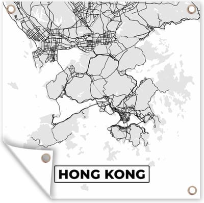 Tuin poster Hong Kong - Stadskaart - Zwart Wit - Plattegrond - Kaart - 200x200 cm - Tuindoek