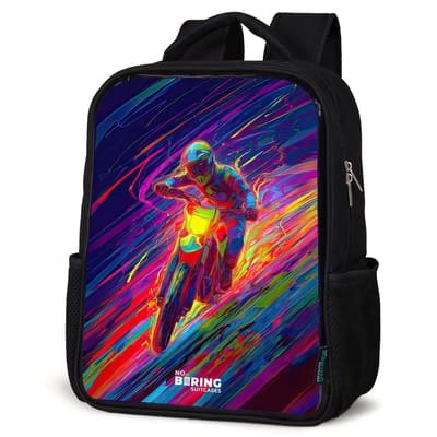 NoBoringSuitcases.com® - Rugzak zwart jongens - Schooltas jongen - NoBoringSuitcases.com® - Rugzak zwart - Schooltas jongen & meisje - Crossmotor - Neonkleuren - Lijnen - Helm - Rugtas voor school - Boekentas kind - Schoolrugzak - Kinderrugzak