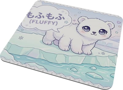 Kawaii Muismat Ijsbeer - Schattige Baby Beer op IJsschots - "Fluffy" Japanse Stijl Illustratie - Pastel Blauw Winter Thema Mousepad - Cadeau voor haar: Vriendin & Collega - Noordpool Dier Bureau Accessoire - Anime Mouse Pad