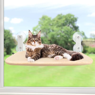 Comfortabele kattenhangmat voor het raam - Opvouwbare en stevige loungestoel met zuignappen, geschikt voor binnen en tot 25 kg, beige kleur