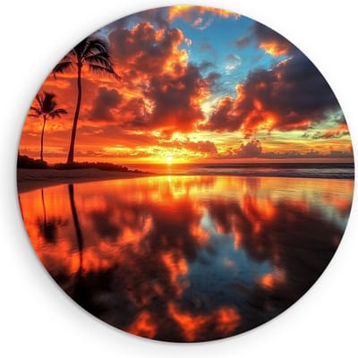 Saammp Muurcirkel Hout - Tropisch strand - Zee met zonsondergang - Palmbomen - Ø 90 - Wandcirkel - Wanddecoratie Cirkel - muurdecoratie Woonkamer - Slaapkamer decoratie - Rond Schilderij
