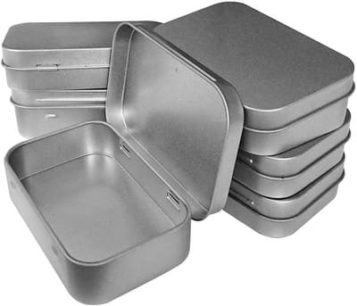 Rechthoekige blikken doos - Scharnierende blikken doos - Set van 6 - 95×60×20 mm - Metalen blikken doos met deksel, opbergdoos voor knutselspullen - Geschikt voor cadeaus, sieraden, pillen, snoep, lucifers, zeep - Zilver