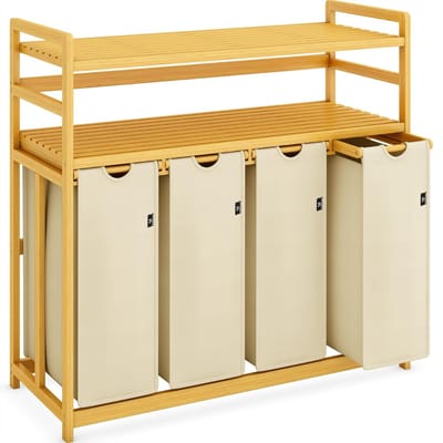 AMA® Wasmand 4 Vakken - Wassorteerder - Waszak - Bamboe Frame - 104x42x100cm