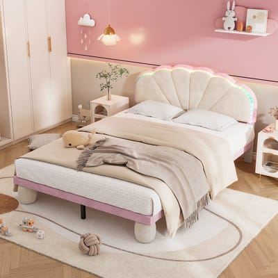 Kinderbed - 140x200cm - Polsterbed met LED Strepen en Golfhoofdeinde - Ronde Poten, Lattenbodem - Fluweel + Hout - Beige/Roze