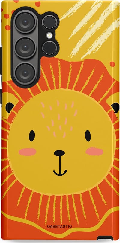 Casetastic hoesje geschikt voor Samsung Galaxy S23 Ultra - Dubbellaagse bescherming - Vrolijke leeuw - Fashion Case - Goud Rood Oranje