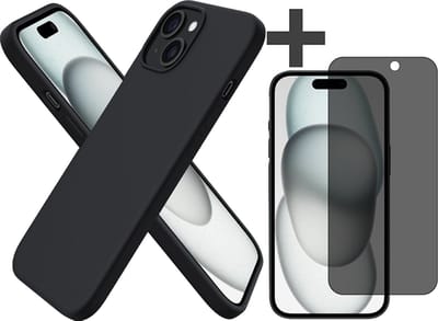 Hoesje met Privacy Screenprotector Geschikt voor iPhone 15 Hoesje Siliconen - liquid case - Arara Backcover - Zwart