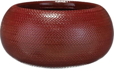 Keramiek aardewerk bloempot schaal van H16 x D32 cm in het geribbeld bordeaux rood - Mica Decorations lage plantenpotten