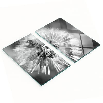 Twee decoratieve snijplanken van gehard glas met paardenbloemmotief, 2x30x52 cm