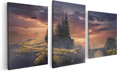 Artaza Canvas Schilderij Drieluik Oud Kasteel op een Heuvel  - 120x60 - Foto Op Canvas - Canvas Print