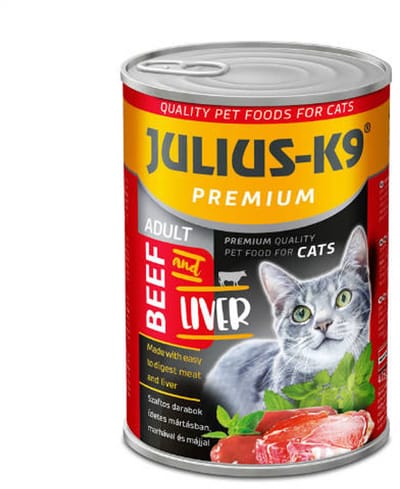 Julius-K9 - Natvoer kat - Kattenvoer blikvoer volwassen katten – Katten natvoer met stukjes vlees in saus - Rund & lever smaak - 10 x 415g