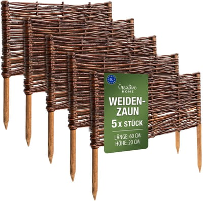 Creative Home rieten bedrand rieten schutting set van 5 | 60 x 20 cm (+/- 1 cm) | tuinafscheiding bedrand piket schutting | gazonafscheiding bedrand | decoratieve schutting tuin