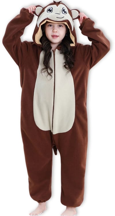 BoefieBoef Dieren Onesie Aap voor Kinderen 5-8 Jaar – Pyjama Dieren Verkleedpak – Warme Flanel Jumpsuit met Capuchon – Knuffelpak & Huispak – Zwemles – Carnaval, Halloween & Sinterklaas Cadeau – Jongens & Meisjes - Bruin