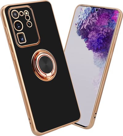 Cadorabo Hoesje geschikt voor Samsung Galaxy S20 ULTRA in Glossy Zwart - Goud met ring - Beschermhoes van flexibel TPU-silicone Case Cover met camerabescherming en magnetische autohouder