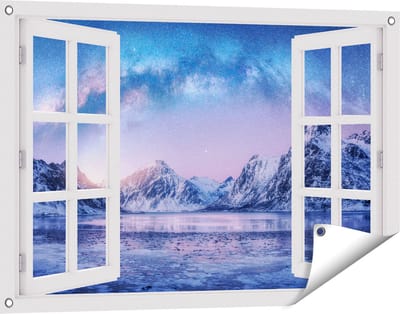 Gards Tuinposter Doorkijk Melkweg bij de Besneeuwde bergen - 90x60 cm - Tuindoek - Tuindecoratie - Wanddecoratie buiten - Tuinschilderij