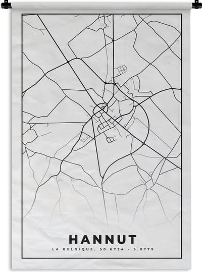 Wandkleed - Wanddoek - België – Hannut – Stadskaart – Kaart – Zwart Wit – Plattegrond - 120x180 cm - Wandtapijt