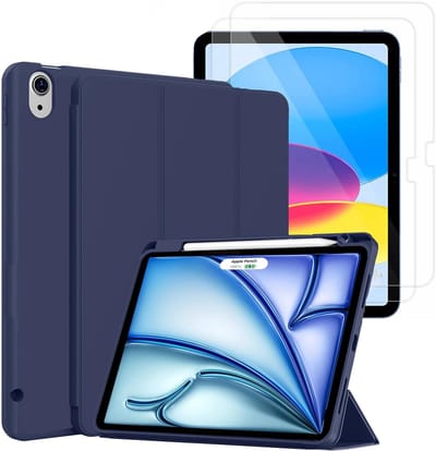 Hoes en Glas Geschikt voor Apple iPad Air 11 inch (2026, M4/2025, M3/2024, M2) - Blauw - Casemania Tri Fold Tablet Case met Penhouder - Beschermhoes Smart Cover - 1x Glazen Screenprotector