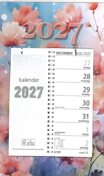 MGPcards - Omlegweekkalender 2027 - Week begint op zondag - 21 x 34 cm - Aquarel Bloemen - Roze