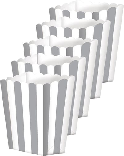 Amscan Popcorn/snoep bakjes - 15x - zilver gestreept - karton - 6 x 13 x 4 cm - feest uitdeel bakjes