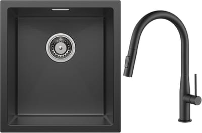 CECIPA max Spoelbak Keuken 40x44cm - Spoelbakken Keuken Met Keukenkraan met Uittrekbare Uitloop - Enkele spoelbak - Spoelbakken met afdruip - Antraciet - RVS