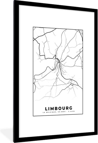 Fotolijst incl. Poster Zwart Wit- Stadskaart – Plattegrond – België – Zwart Wit – Limbourg – Kaart - 80x120 cm - Posterlijst