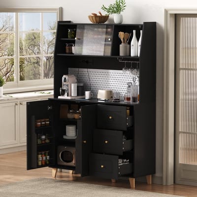 Buffetkast - 104x40x180 cm - Keukenkast met Stopcontacten - Pegboard en Wijnglashouders - Hout - Zwart