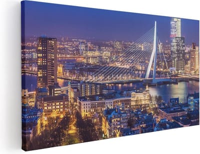 Artaza Canvas Schilderij Rotterdam - 40x20 cm - Klein - Wanddecoratie Skyline - Muurdecoratie Erasmusbrug - Schilderijen Op Canvas