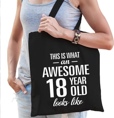 Awesome 18 year / geweldig 18 jaar cadeau tas - zwart - voor dames - kado tas - verjaardag tasje / shopper