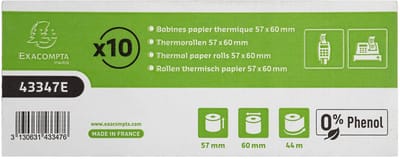 Exacompta 60x Kassa/ Bankterminal rollen 57x60mm - 1 laag thermisch papier 55g/m2 - zonder Phenol - Wit - 43347E