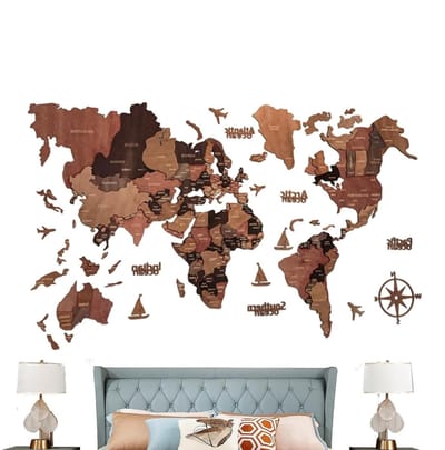 Wereldkaarten Muur - Houten Decoratie - Thuis Decoreren - Met Staten Hoofdsteden - 100 x 60 cm - Houtkleur