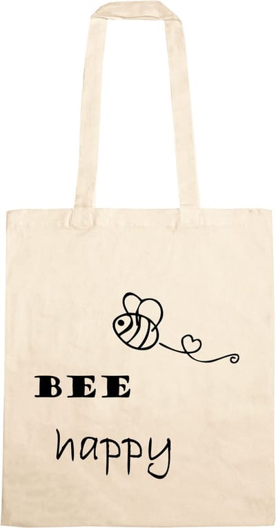 Katoenen Tas Met Bee Happy - Tas Met Bij En Tekst - Tas Van Katoen - Tas met Opdruk - Cadeau Vriendin
