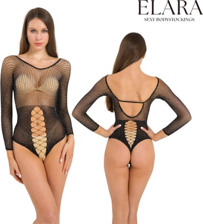 Elara - Elvira | Sexy Zwarte Body met Strass | Maat S t/m L | Luxe Lingerie met Diamantjes - Erotische Lingerie Dames