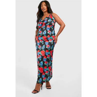boohoo Dames Plus Floraal Bedrukte Satijn Maxi Jurk | Zwart | Maat: 54