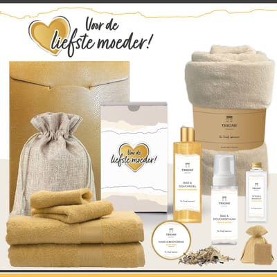 Geschenkset “Voor de liefste moeder!” - 11 producten - 1660 gram | Triomf Original - Giftset voor haar Cadeau Moederdag Luxe Wellness Pakket Vrouw Speciaal Cadeaupakket Bedankt Geschenk Lieve mama Verjaardag Kerst Kerstpakket Gift Set Goud Geel Crème