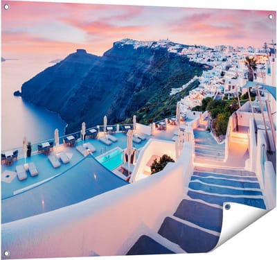 Gards Tuinposter Luxe Huisjes aan de Kust in Fira, Griekenland - 100x80 cm - Tuindoek - Tuindecoratie - Wanddecoratie buiten - Tuinschilderij