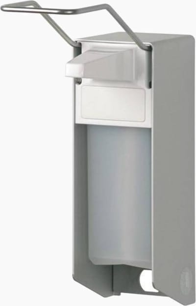 ingo-man® ELS 26 A/25, dispenser voor vloeibare zepen en desinfectiemiddelen, voor 500 ml standaard Euroflessen, lange bedieningshendel, geanodiseerd aluminium, mat zilver, verwisselbare 25 ml roestvrijstalen pomp met rechte aanzuigslang
