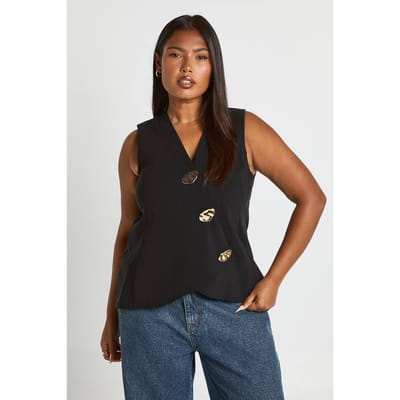 boohoo Dames Plus Gouden knoopaccentvest | Black | Maat: 28