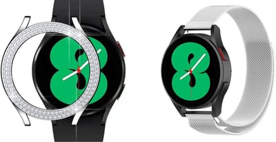 Strap-it Milanese Band + Diamond PC Hard Case (Zilver) - Geschikt voor Samsung Galaxy Watch 4 40mm - RVS Stalen Band - Magnetische Sluiting - Luxe & duurzame bescherming - Zilver