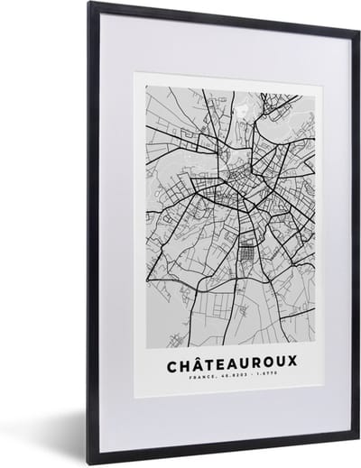 Fotolijst incl. Poster - Kaart - Frankrijk - Stadskaart - Plattegrond - Châteauroux - 40x60 cm - Posterlijst